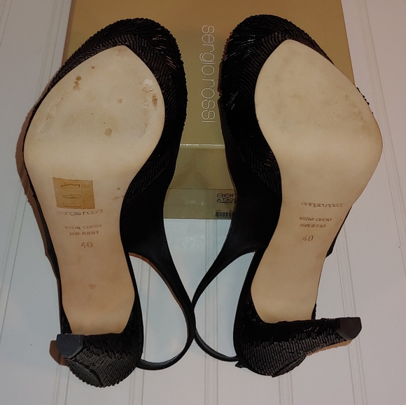 Sergio Rossi NWT Tessuto Raso Black Leather Slingback Platform Heels size 10 - Picture 4 of 15
